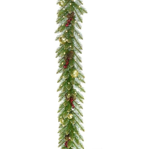 The Holiday Aisle® 9 ft. Glittery Gold Dunhill Fir Garland with Battery Operated LED Lights