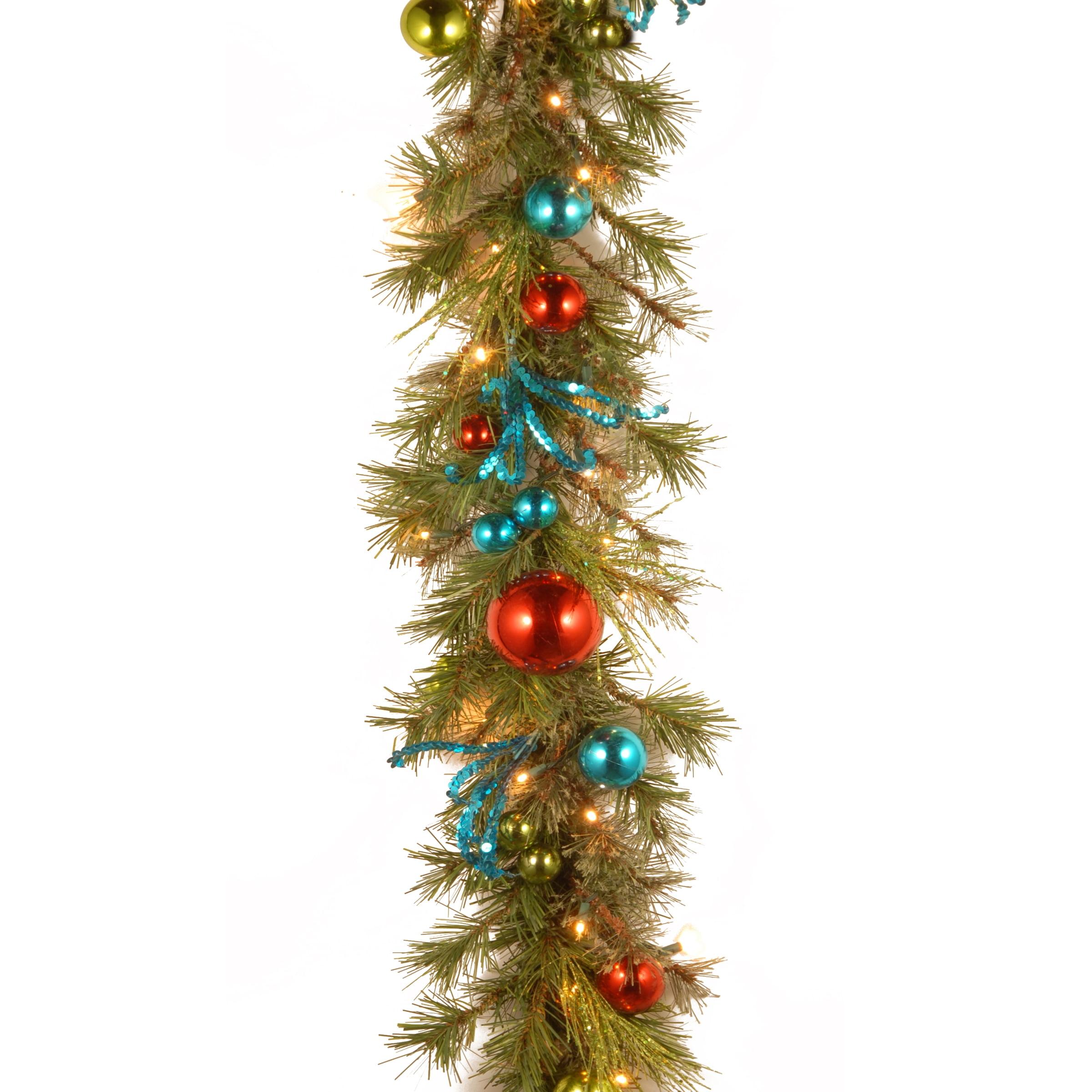 9ft Green Artificial Pine Garland with Multicolor Ornaments