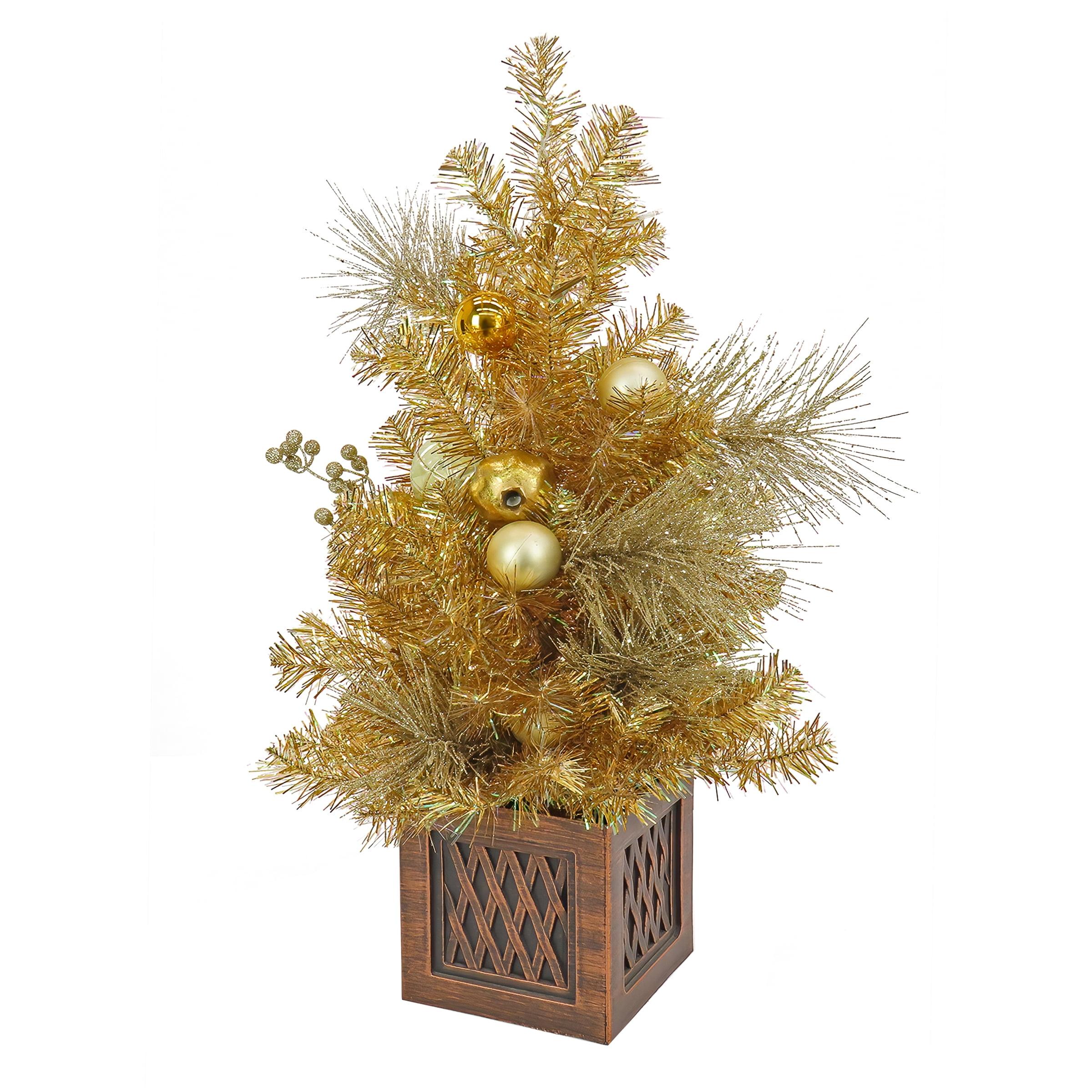The Holiday Aisle® 36" Merry Christmas Decorated Gold Table Top Tree, 35 Warm White LED Lights