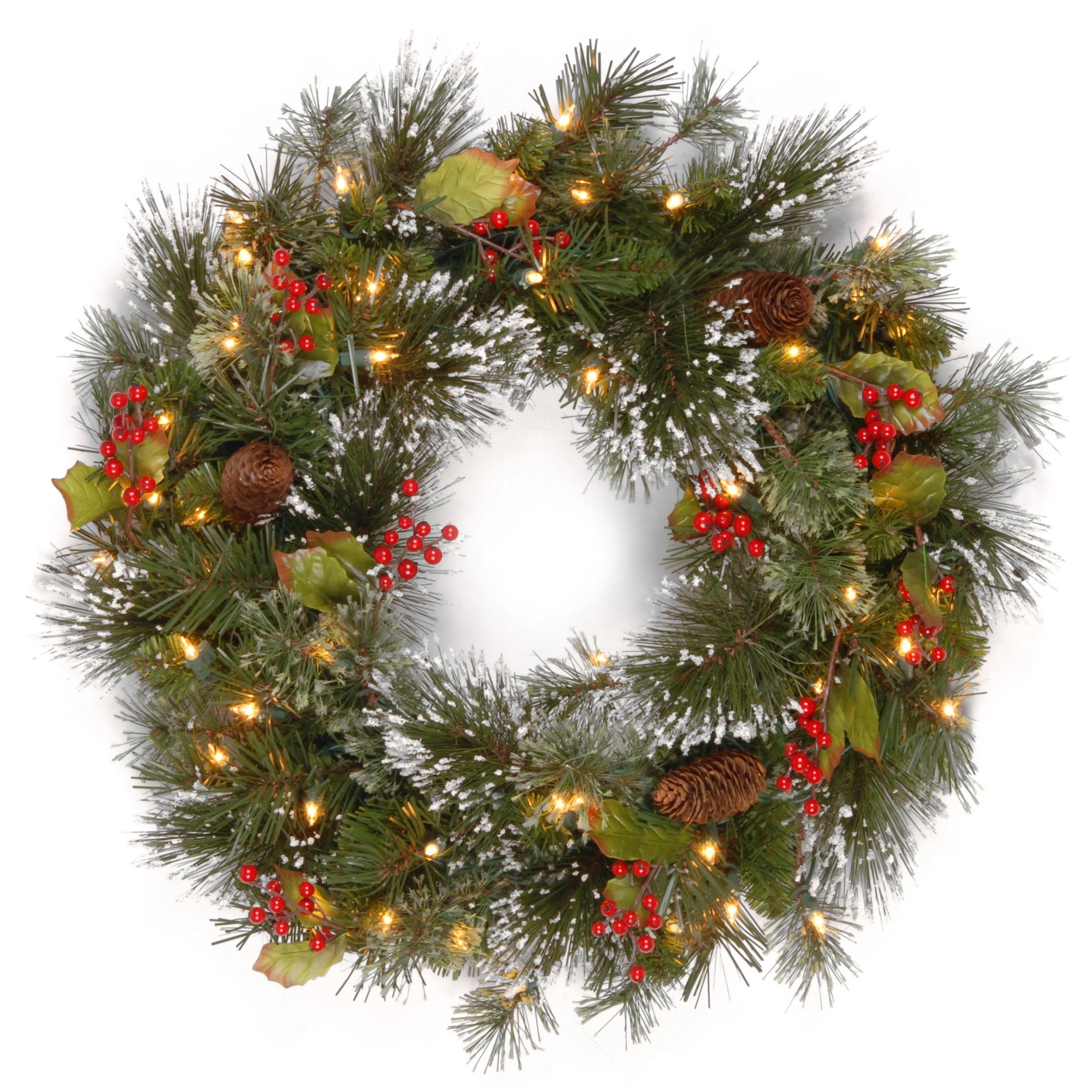 24" Prelit Flocked Crestwood Spruce Christmas Wreath with Cones White Lights - National Tree Company