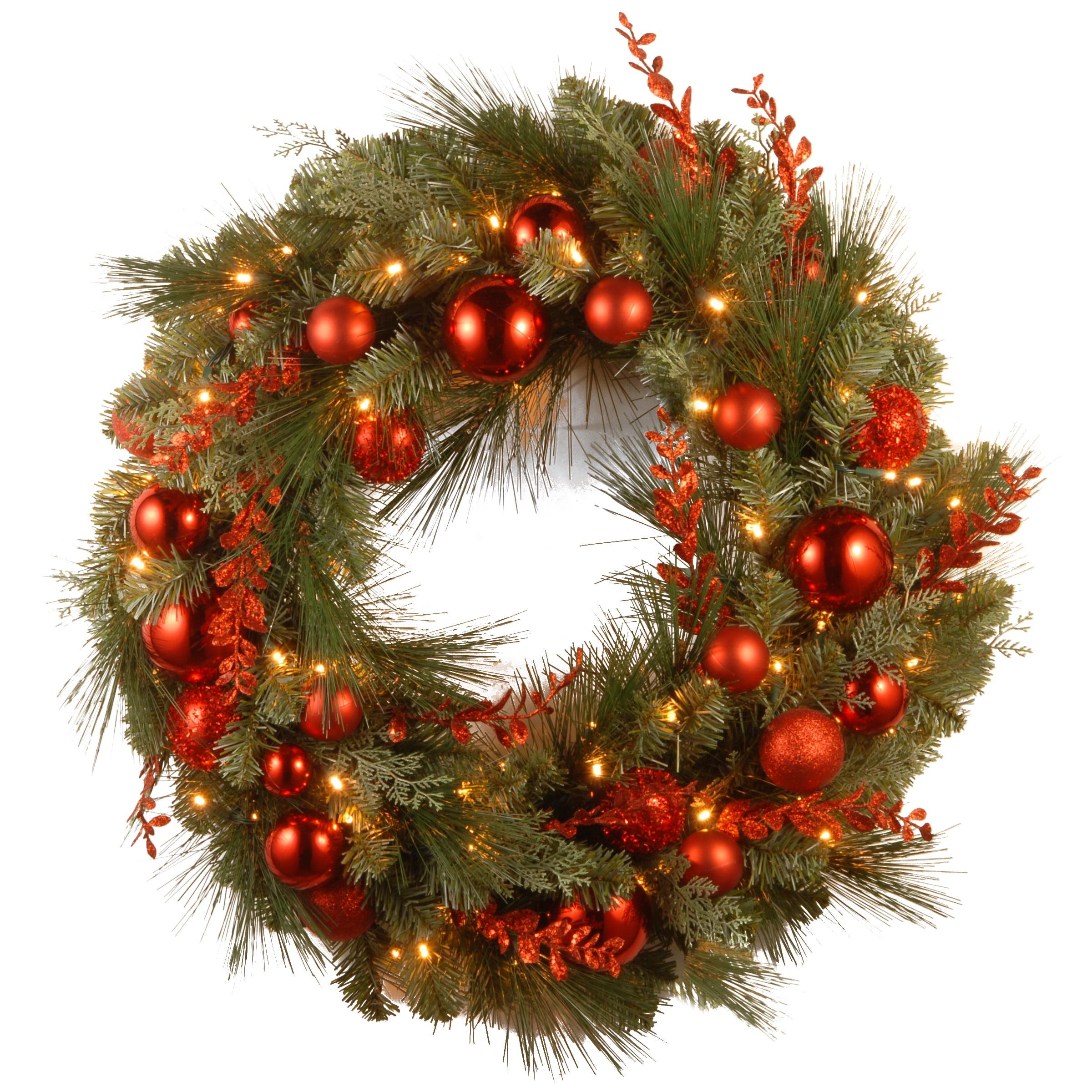 24" Pre-Lit Red and Green Christmas Wreath with Ornaments