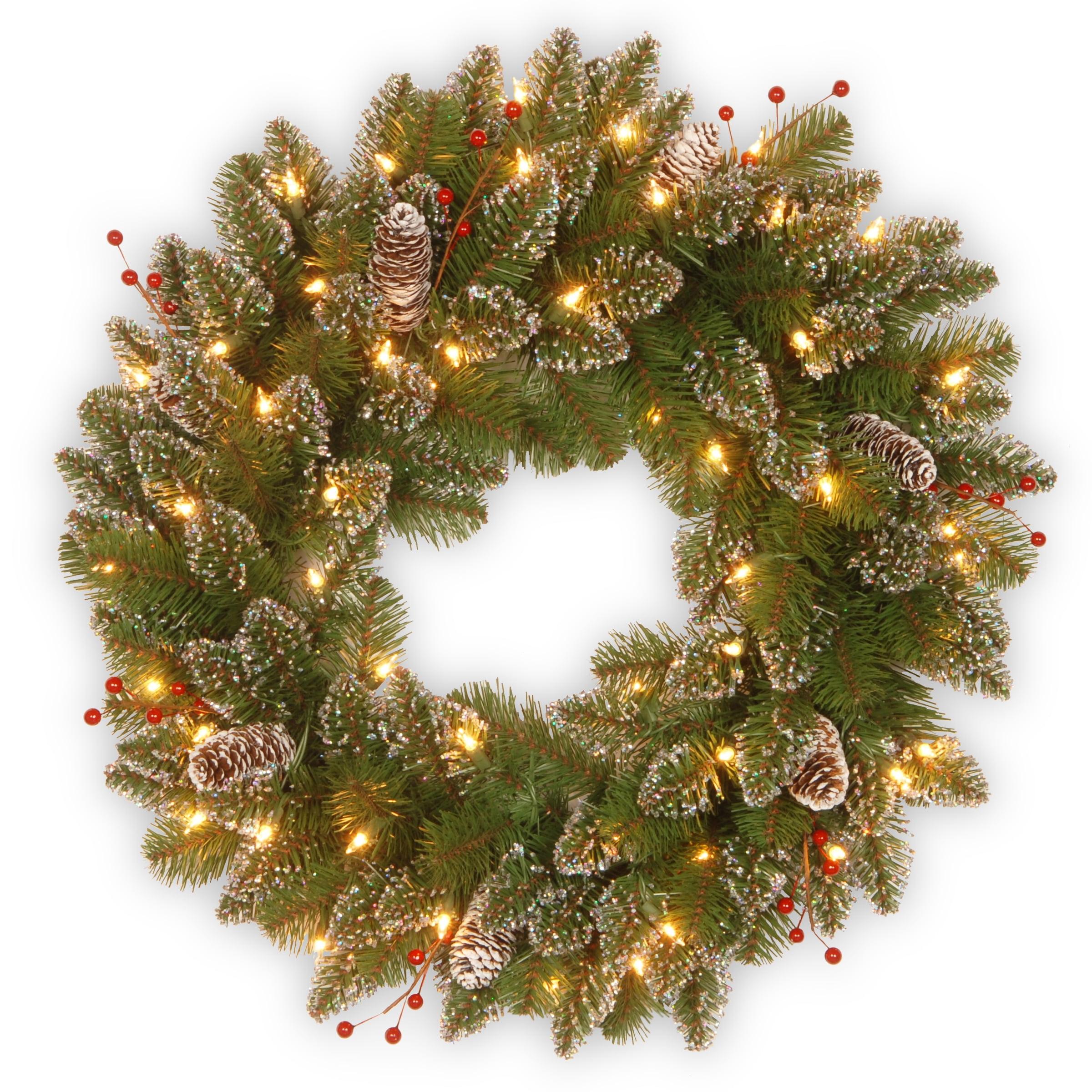 24" Glittery Mountain Spruce Christmas Wreath with LED Lights