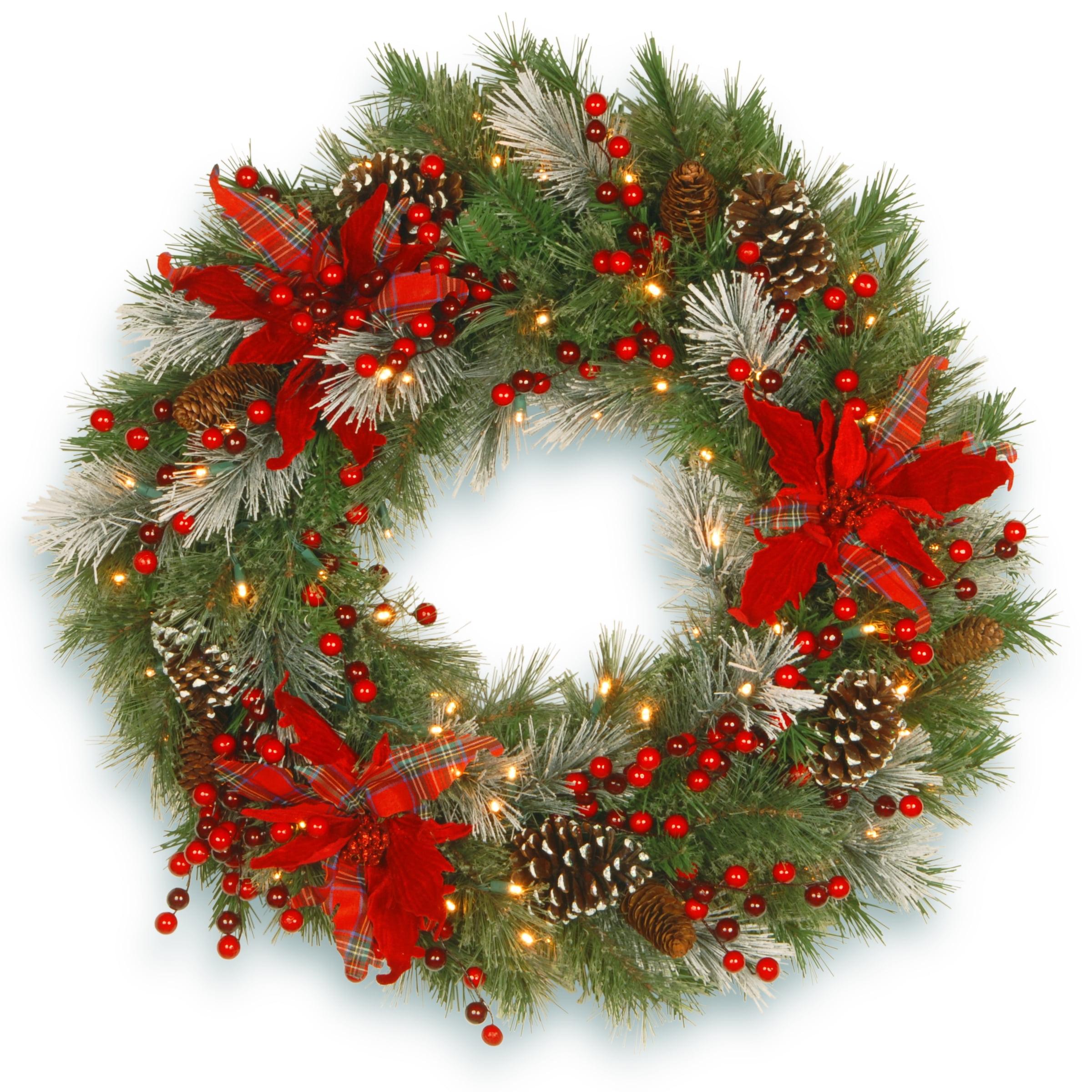 30" Red Tartan Plaid Christmas Wreath with LED Lights