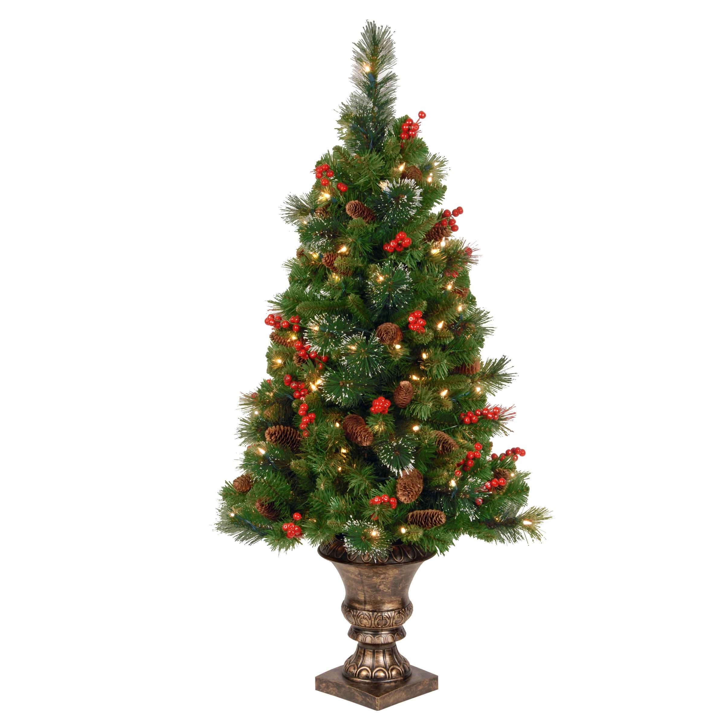 Prelit Flocked Crestwood Spruce Artificial Christmas Tree in Pot with Cones and Berries Clear Lights - National Tree Company