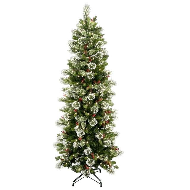 7.5' Prelit Flocked Slim Pine Artificial Christmas Tree Clear Lights - National Tree Company