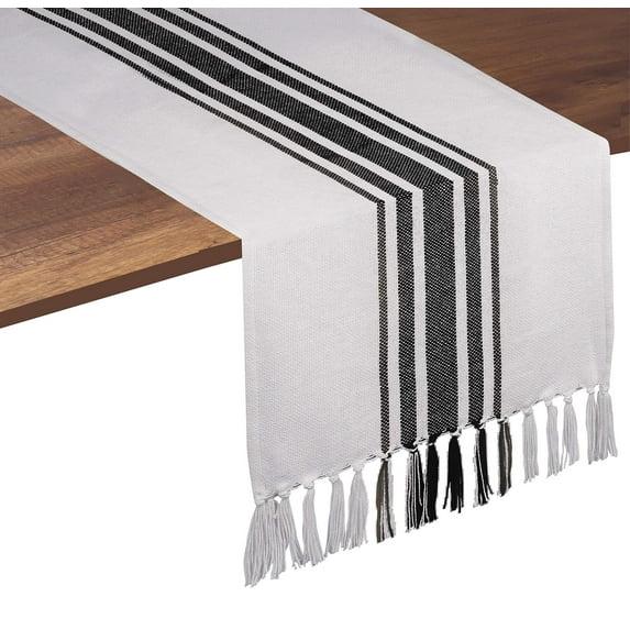 Native Fab Dining Stripe Table Runner with Tassels 100% Cotton, 14"x108", Black White