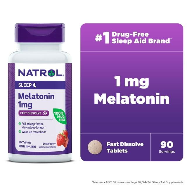 Natrol Fast Dissolve Melatonin 1 mg, Melatonin Supplements for Restful Sleep, Sleep Support for Adults, 90 Strawberry-Flavored Tablets, Up to a 90 Day Supply