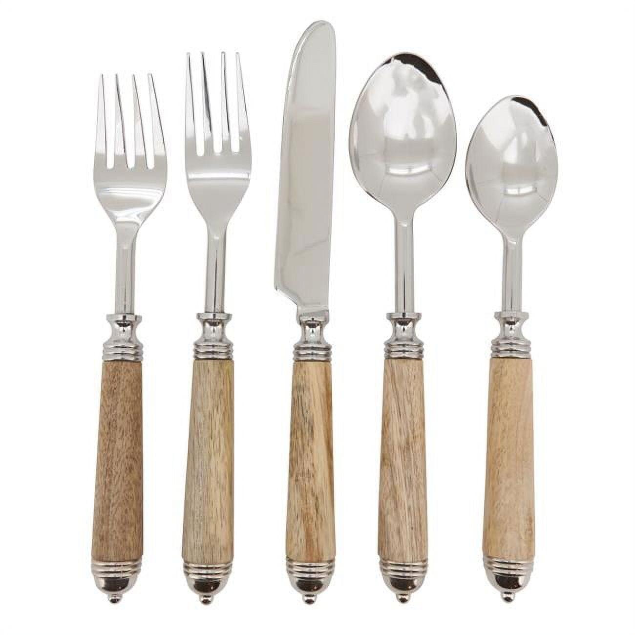 Natural Bark Wood Handle Stainless Steel Flatware Set, 5-Piece