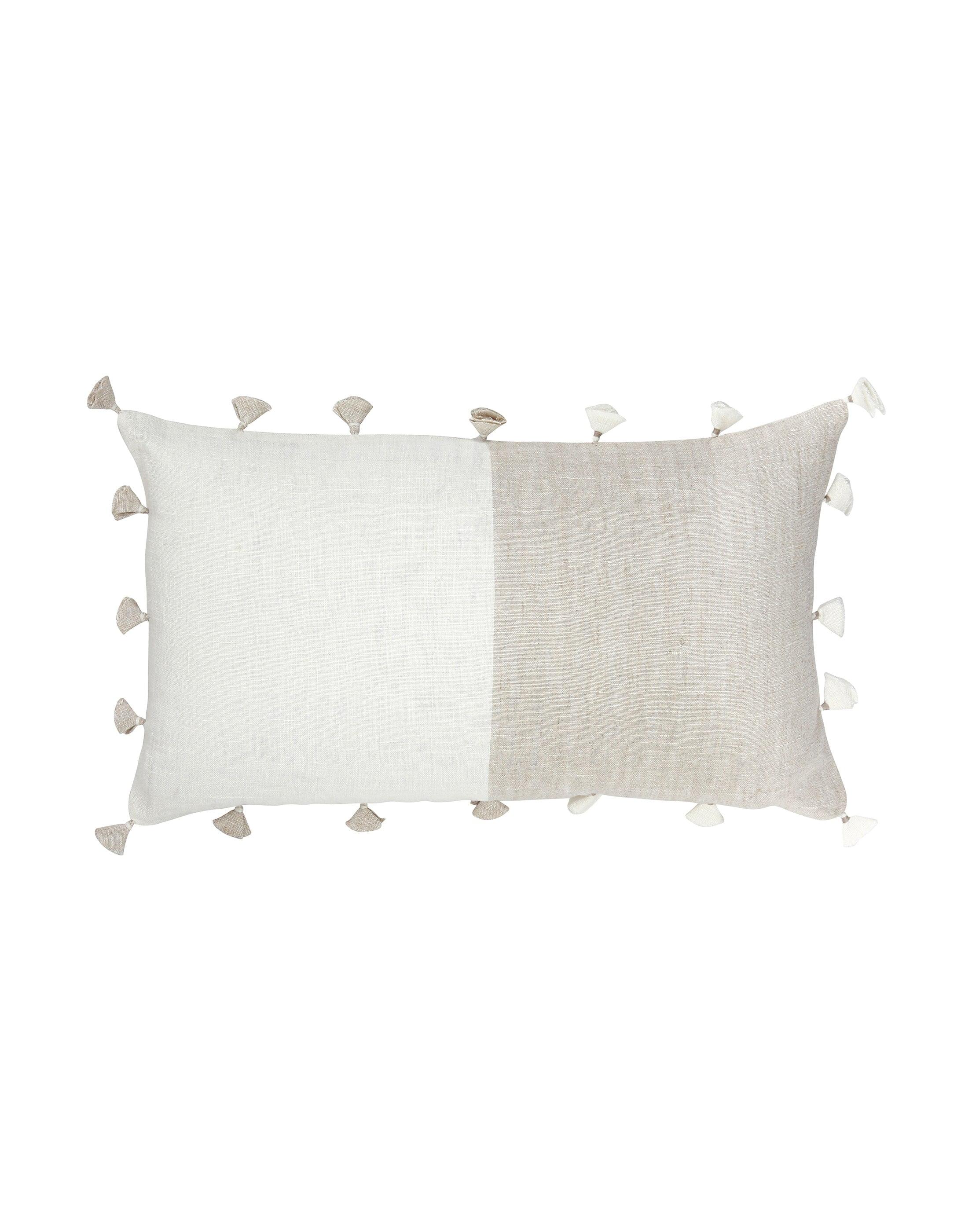 Natural Beige and White Linen Pillow with Tassels