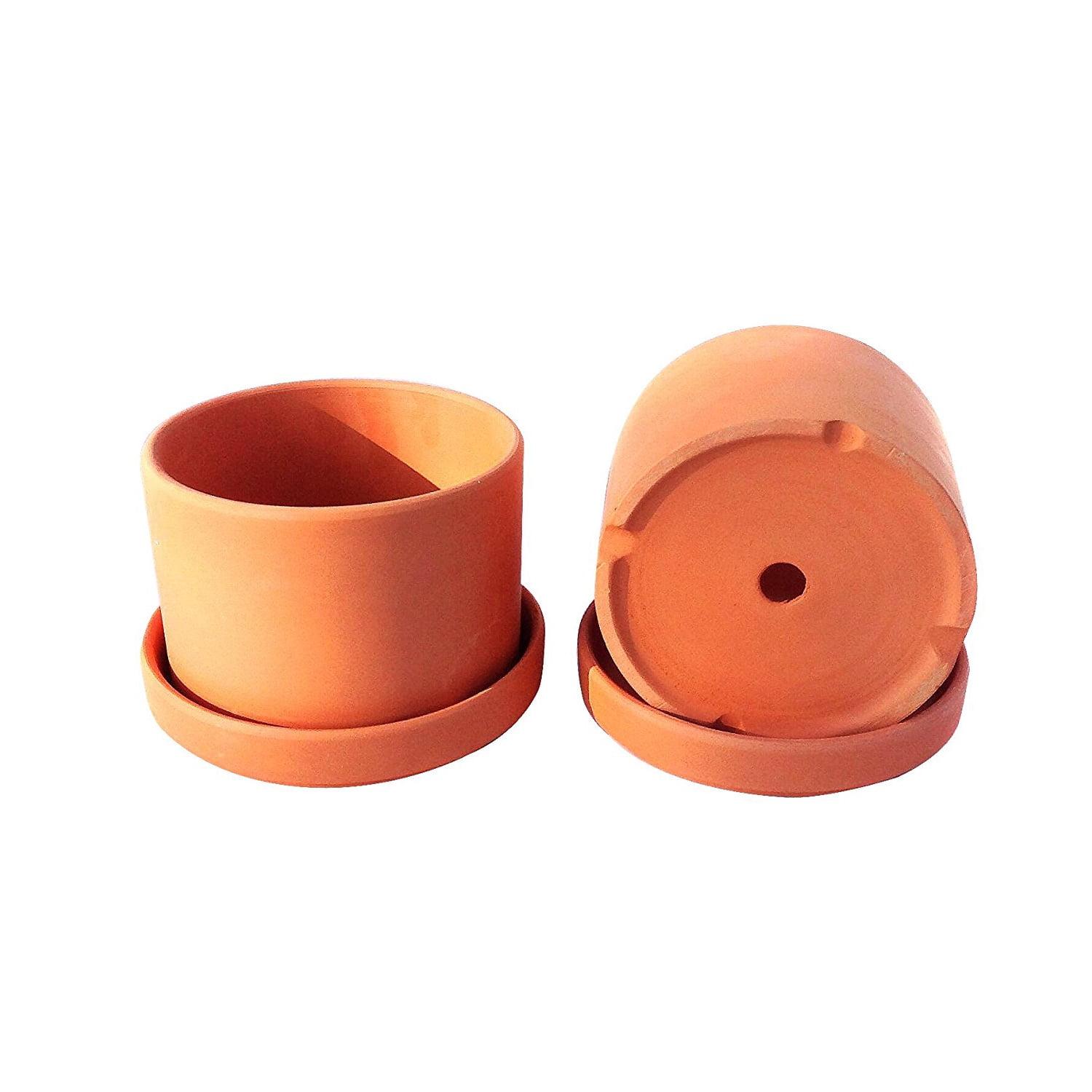 Natural Terracotta Round Planters with Trays, Set of 2