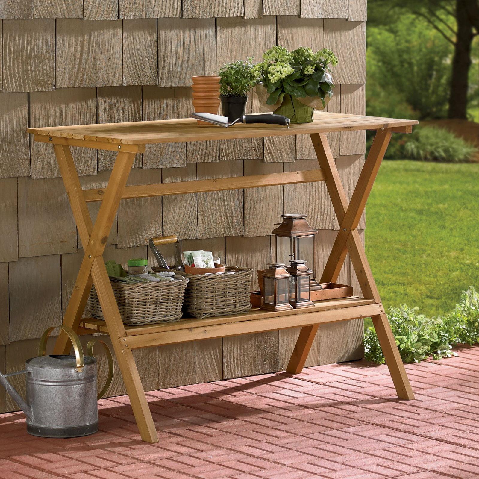 Natural Hemlock Wood Outdoor Potting Bench with Storage Shelf