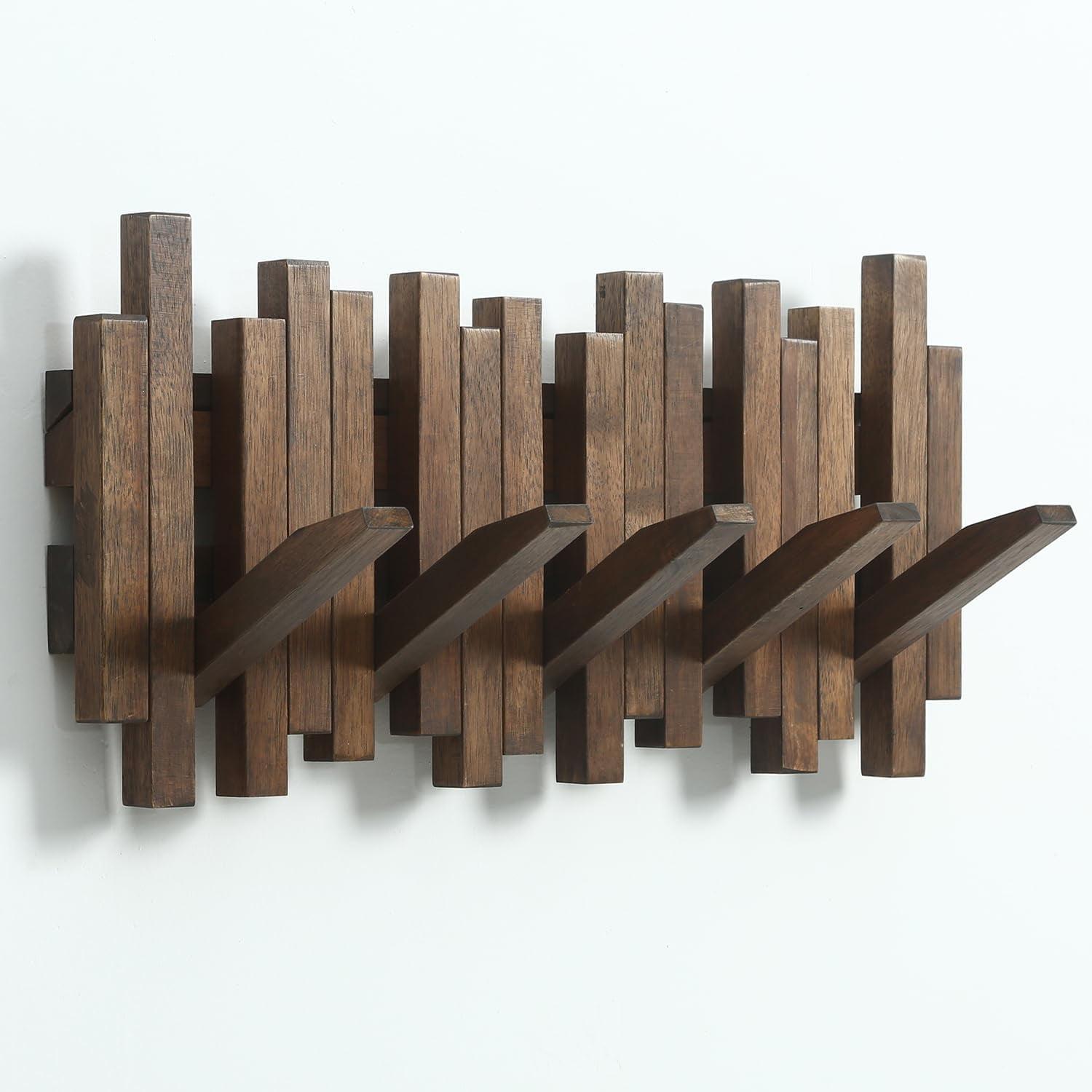 Natural Wood Wall Mounted Piano Coat Rack| Coat Rack Wall Mount| Flip Down Wall Hook Rack 5 Hooks| Entryway Coat Rack,Made of Acacia Wood (Dyed with Wood Wax Oil).Wall Art