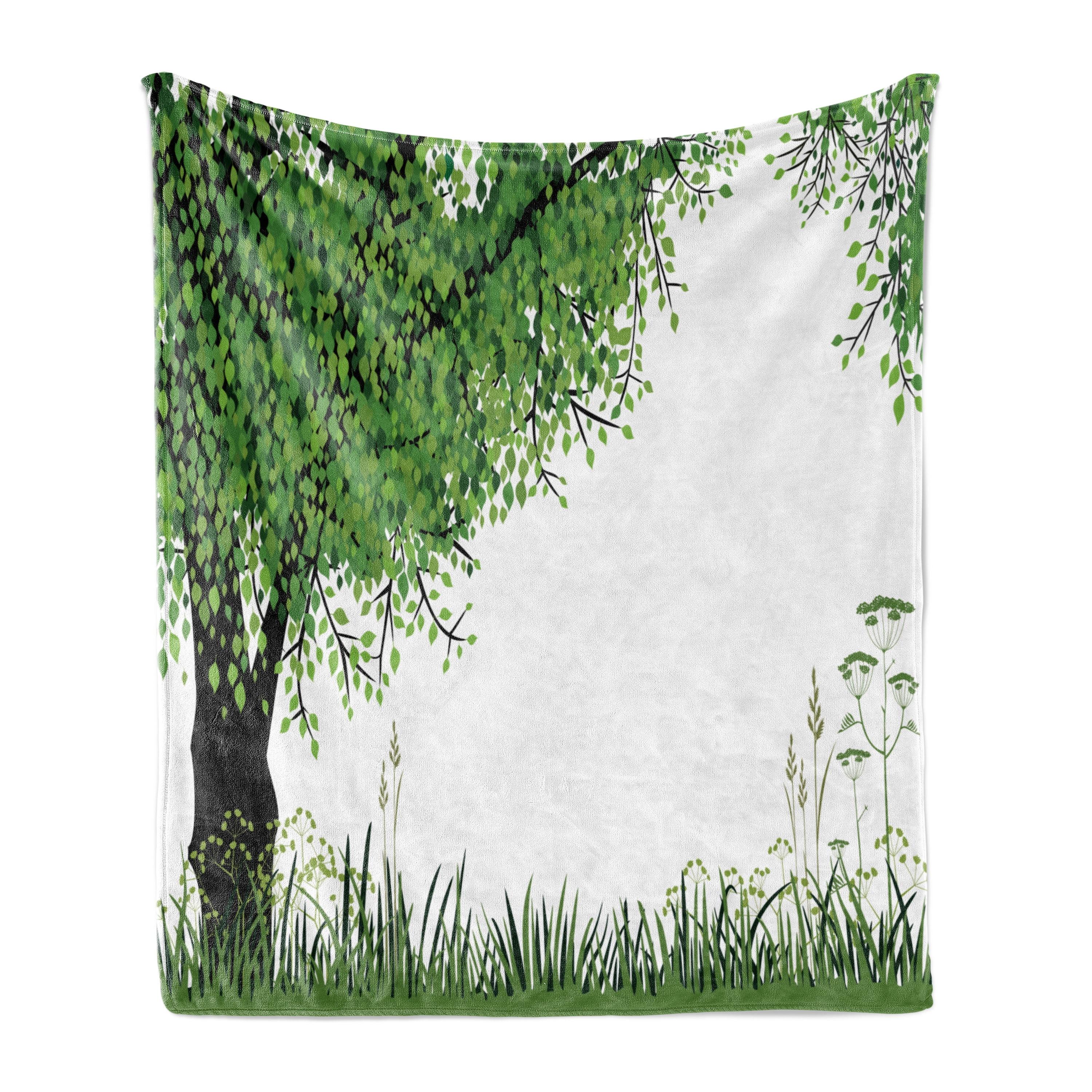 Fern Green and White Fleece Throw Blanket with Tree Design