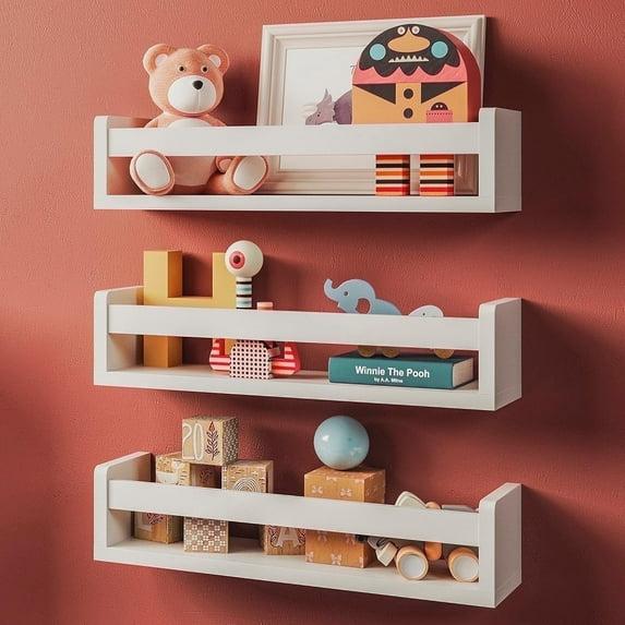 Nature Supplies Set of 3 White Nursery Room Shelves. Floating Bookshelf Classic White