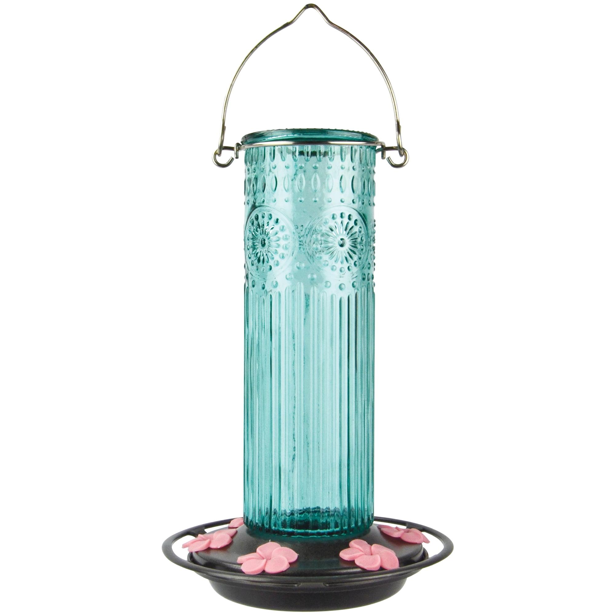 Teal Antique Glass Hanging Hummingbird Feeder with Pink Ports