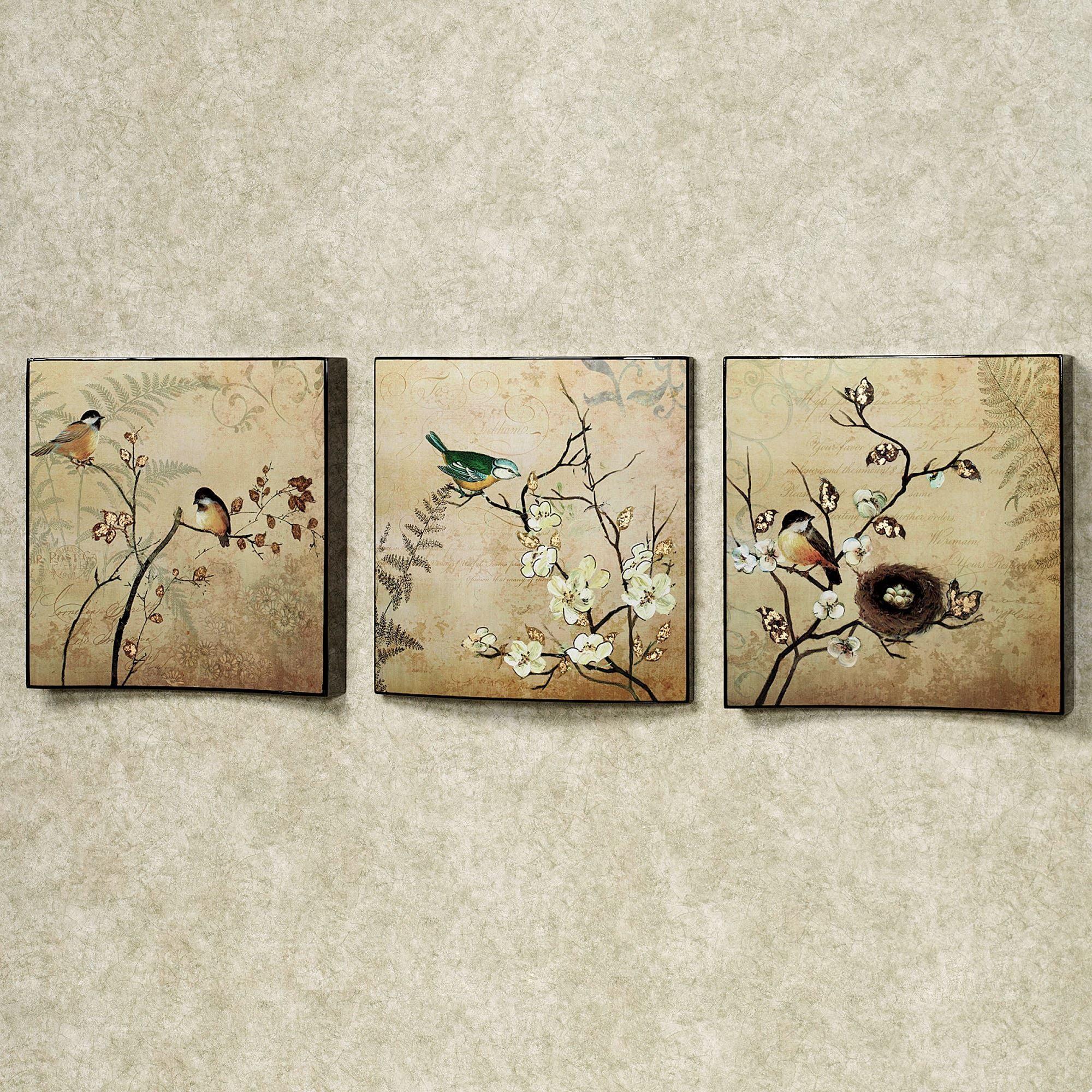 Nature's Kiss Beige Bird Wall Art Set of Three with Lacquered Finish