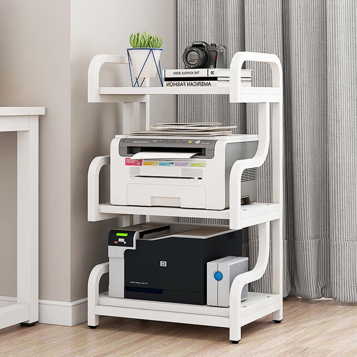 White 3-Tier Steel and Wood Printer Stand with Wheels