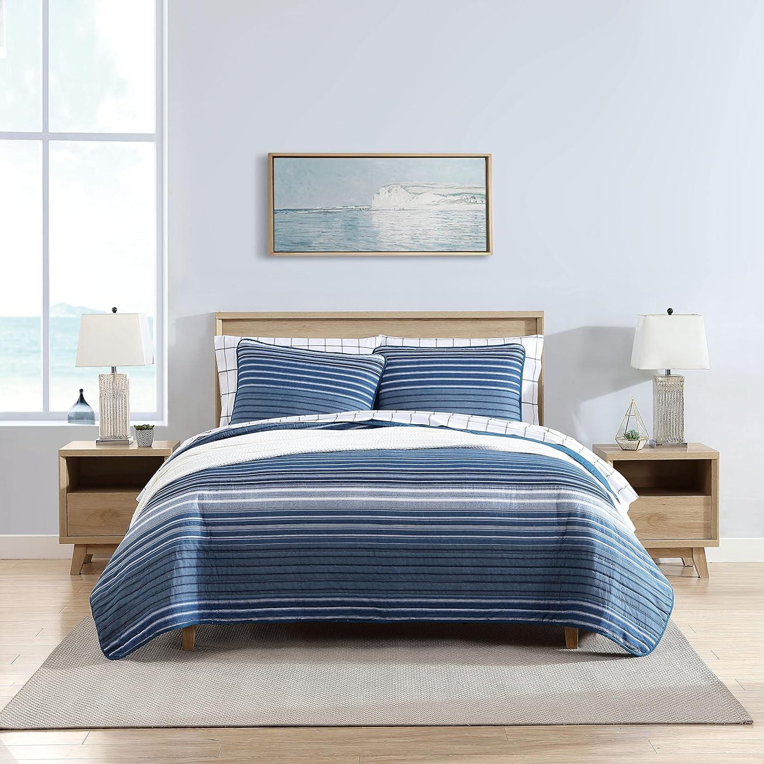 Coveside Blue Striped Cotton Twin Quilt Set