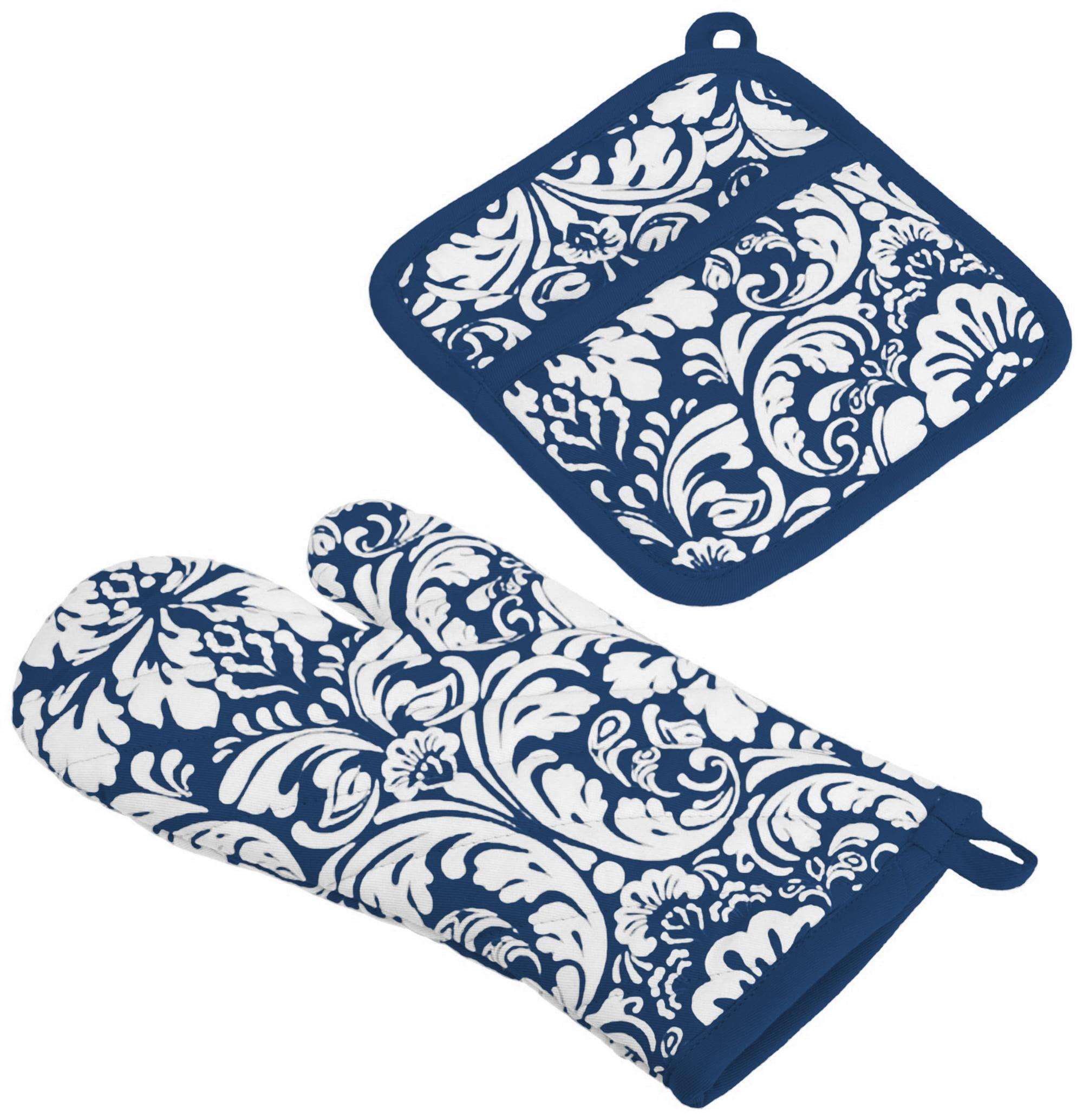 Nautical Blue and White Cotton Damask Oven Mitt and Potholder Set