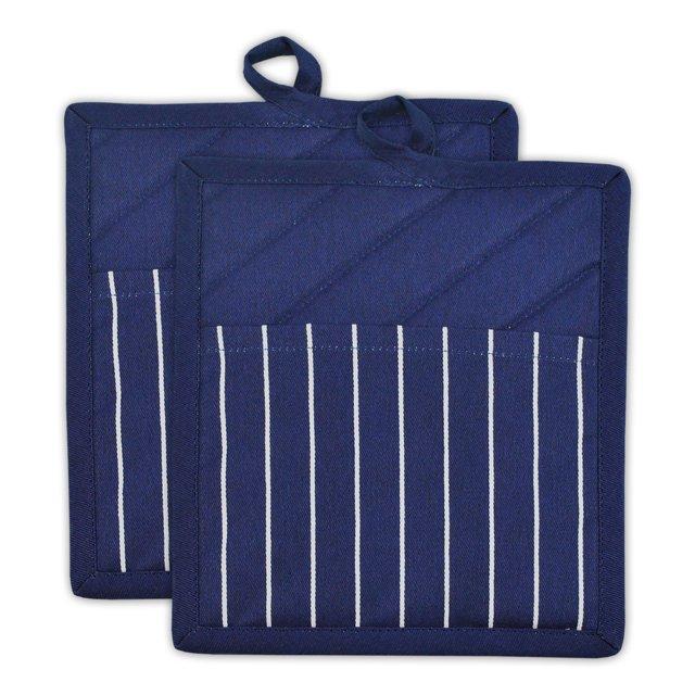 2pk Cotton Striped Chef Pot Holders Blue - Design Imports: Hot Pads Kitchen Textiles, Machine Washable, 8"x9"