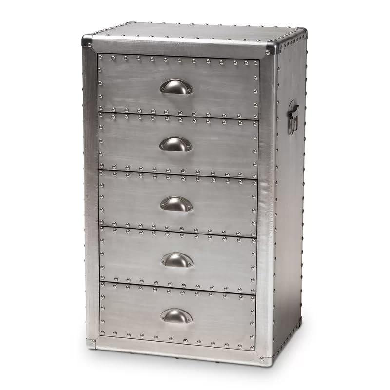 5 Drawer Davet Metal Accent Chest Silver - Baxton Studio: French Industrial Style, Fully Assembled