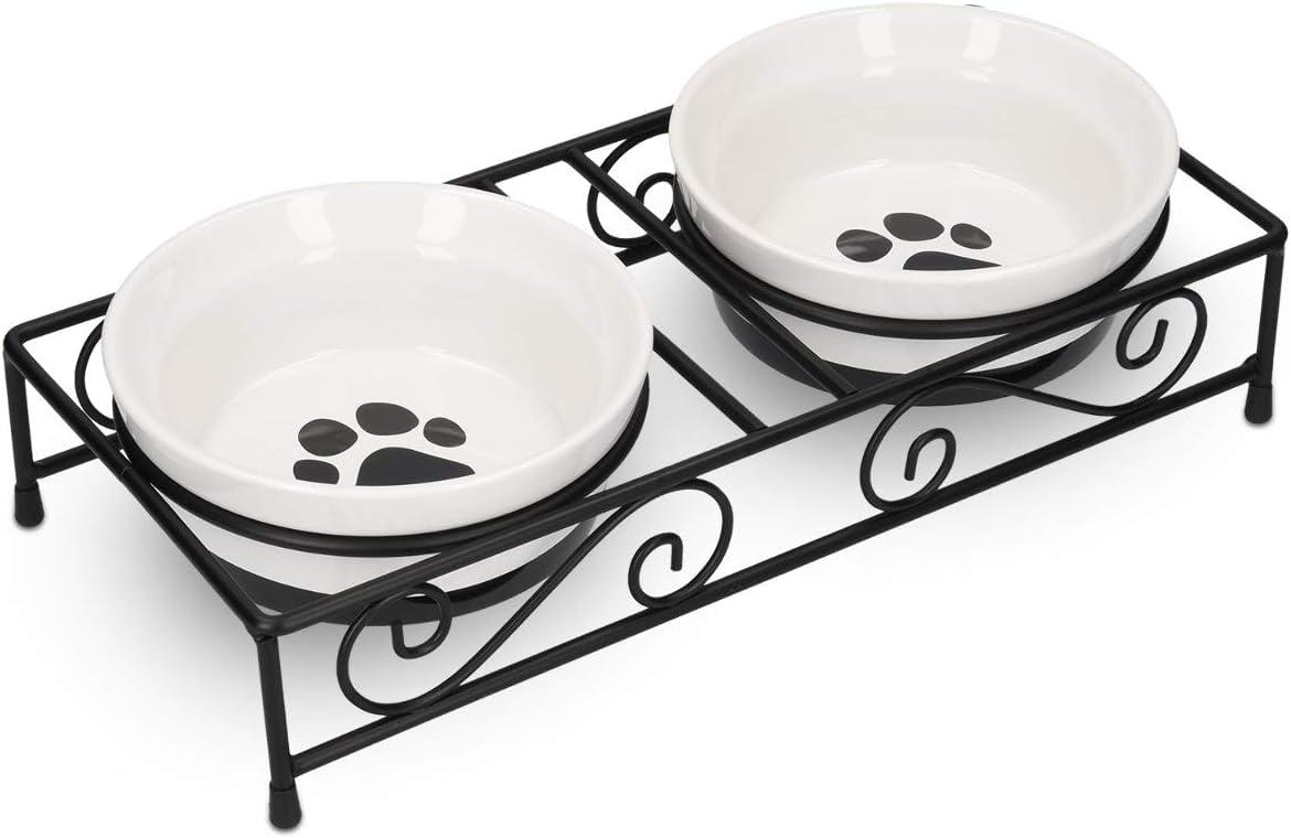 White Ceramic Pet Bowls with Black Metal Stand