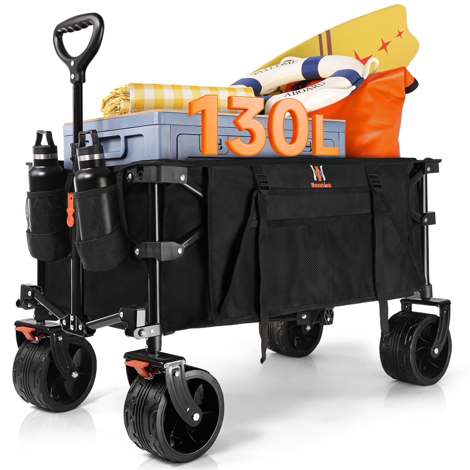 140L Collapsible Wagon Cart Foldable, Folding Utility Grocery Cart with Side Pocket and Brakes for Shopping, Sports, Camping and Garden, Black