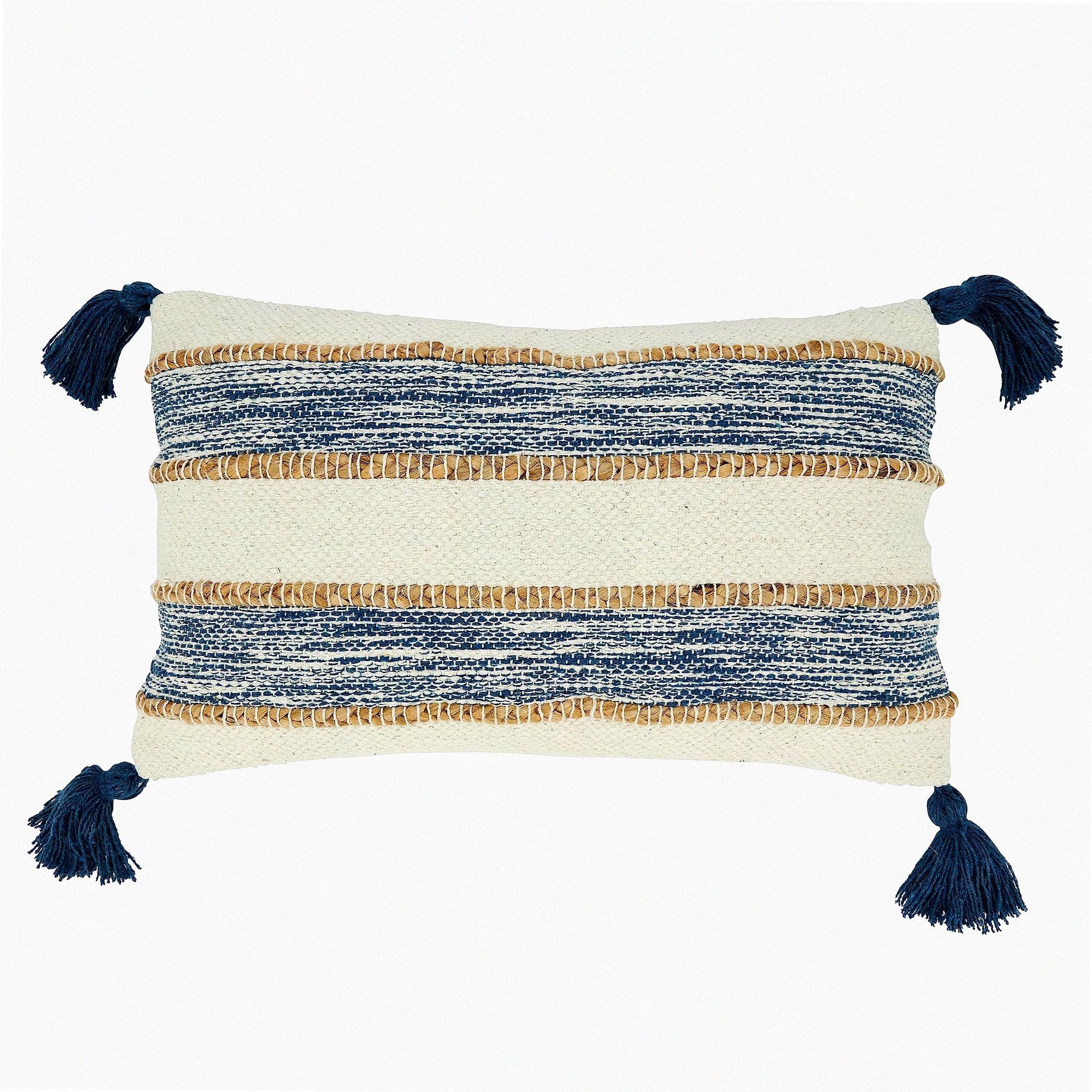 12"x20" Oversized Striped Tassel Corners Poly Filled Lumbar Pillow: Cotton & Jute - Saro Lifestyle