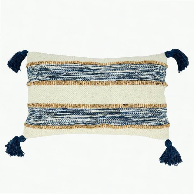 12"x20" Oversized Striped Tassel Corners Poly Filled Lumbar Pillow: Cotton & Jute - Saro Lifestyle