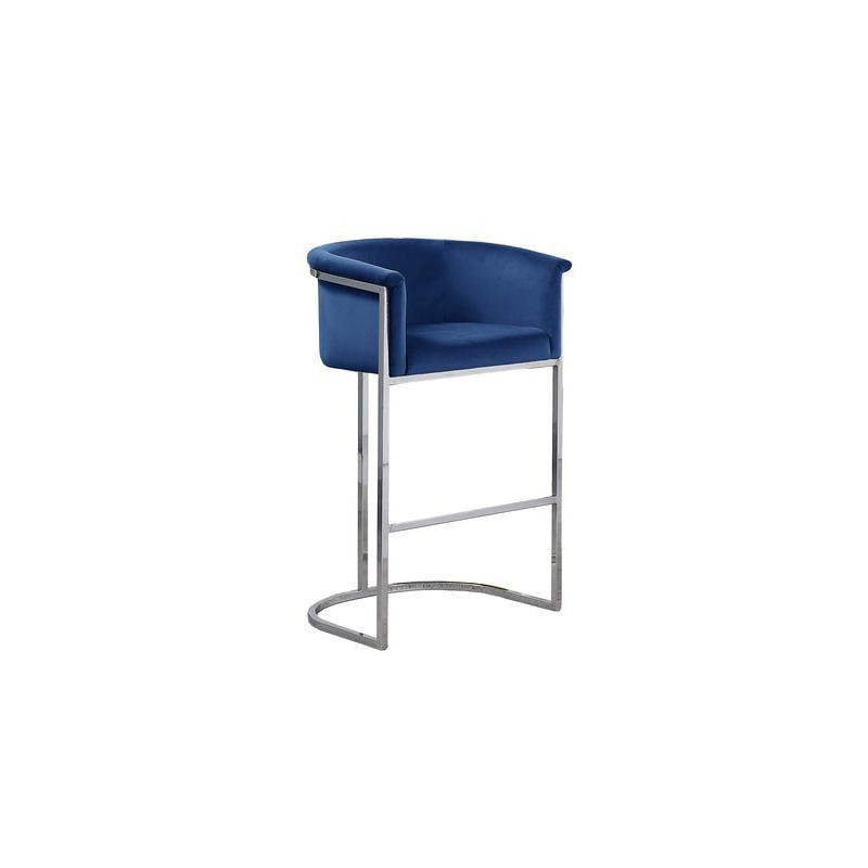 Chic Navy Blue Velvet Barstool with Sleek Silver Metal Base, 29"