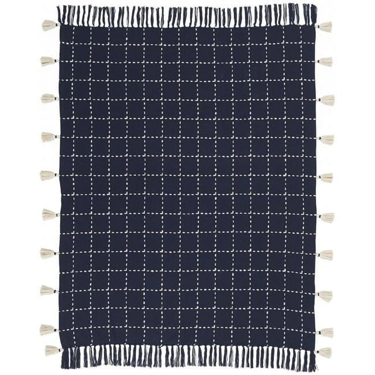 Navy & White Stitched Square Pattern Cotton Throw Blanket