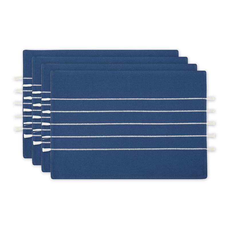 Navy and Off-White Striped Cotton Tassel Placemats, 13x19, Set of 4