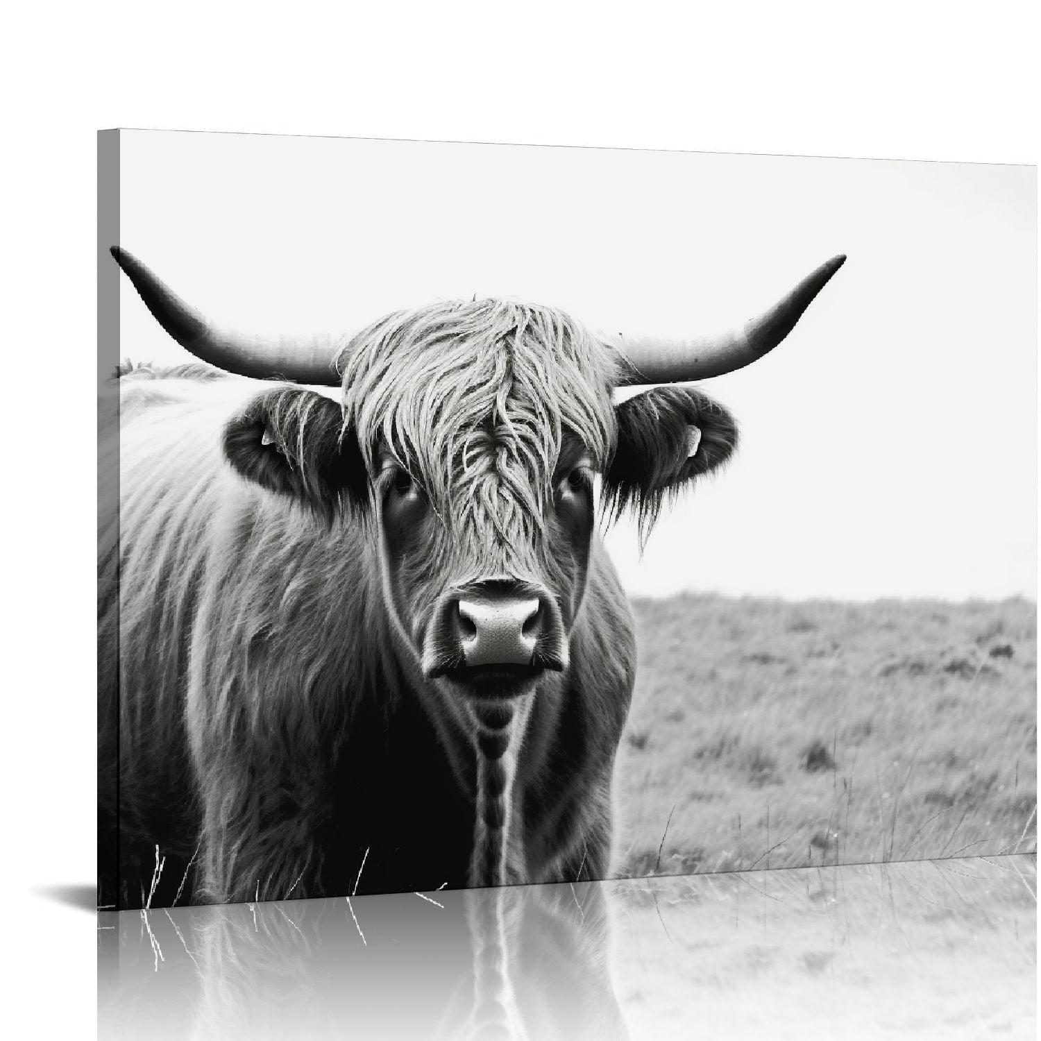 JEUXUS Highland Cow Wall Art, Cow Pictures Wall Decor, Rustic Black and White Funny Highland Cow Wall Art Canvas Poster, 20x16in Framed Ready to Hang, Farmhouse Longhorn Canvas Wall Art Decor