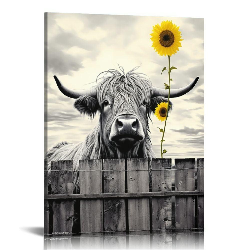 JEUXUS Highland Cow Wall Art, Cow Pictures Wall Decor, Rustic Black and White Funny Highland Cow Wall Art Canvas Poster, 20x16in Framed Ready to Hang, Farmhouse Longhorn Canvas Wall Art Decor