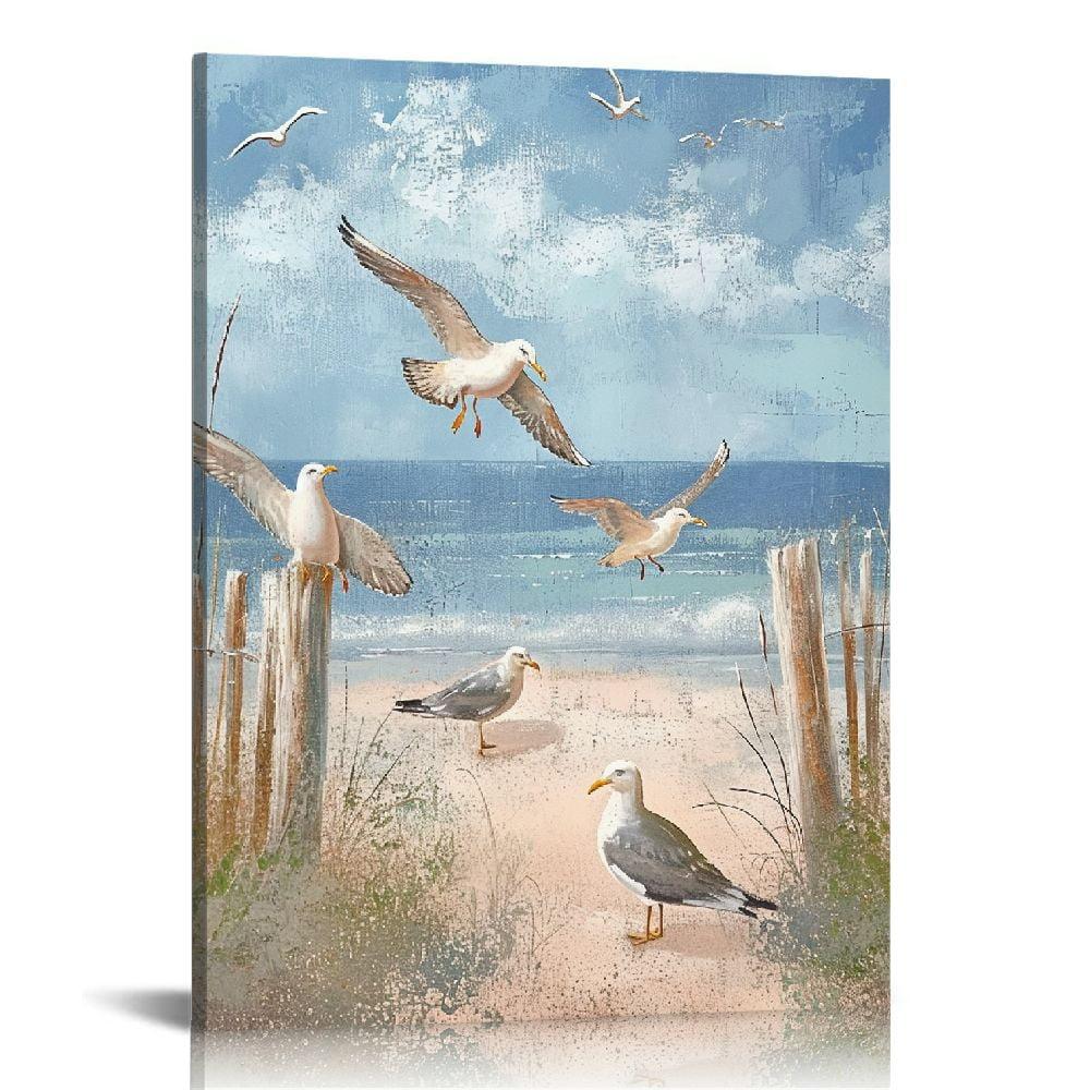 Beach Wall Art Bathroom Decor Ocean Theme Canvas Print Coastal Painting Perching Bird by The Sea Shore Abstract Seascape Picture Artwork for Bedroom Living Room Office Ready to Hang