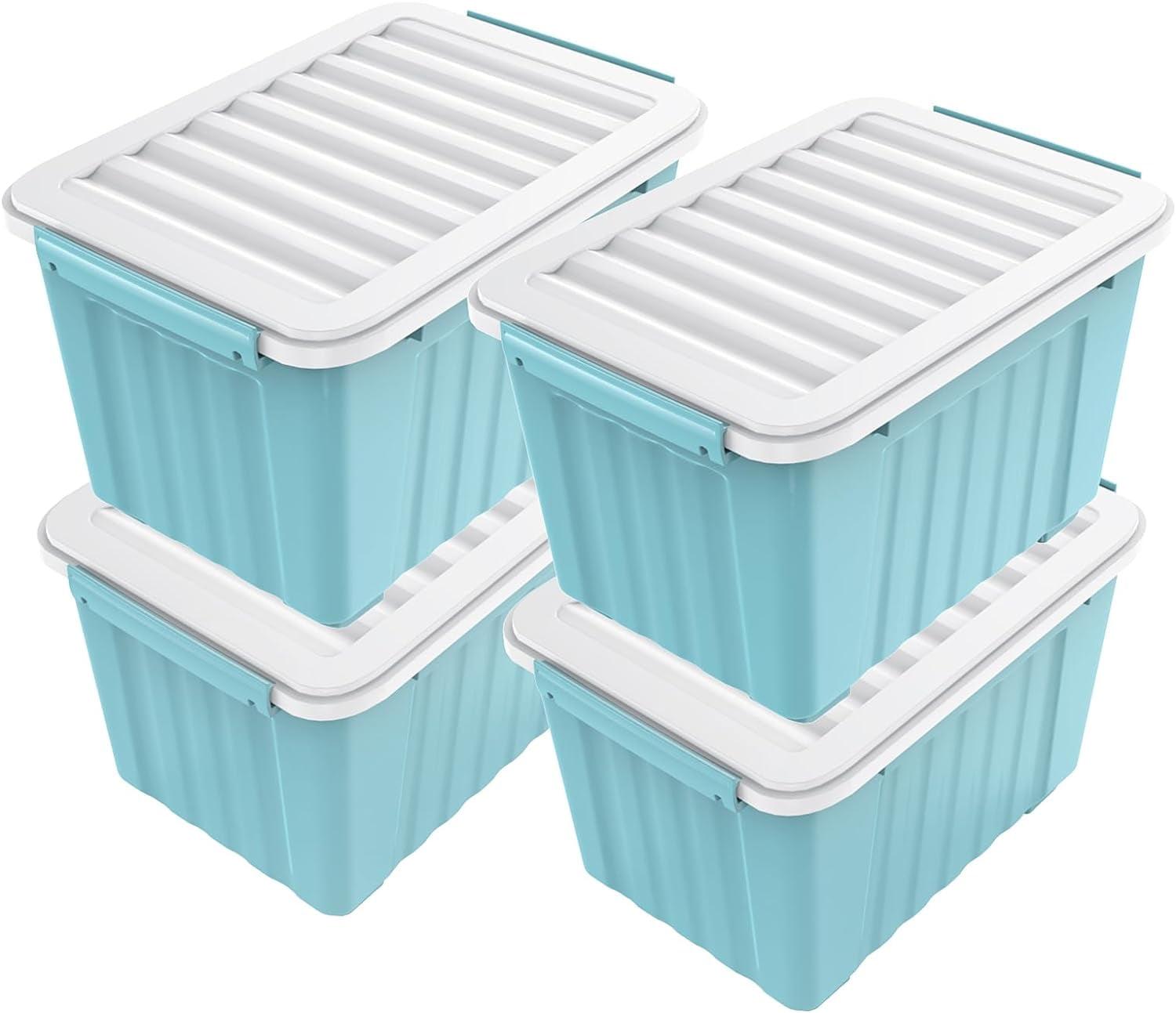 72 Quart Plastic Storage Bin, Stackable and Nestable Storage Boxes with Lids and Secure Latching Buckles, Large Storage Container (Blue, 72Quart-4Pack)