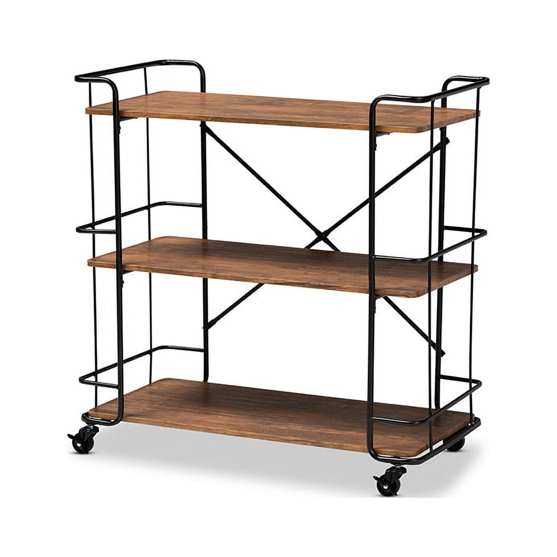 Neal Industrial Black Metal and Walnut Wood Serving Cart