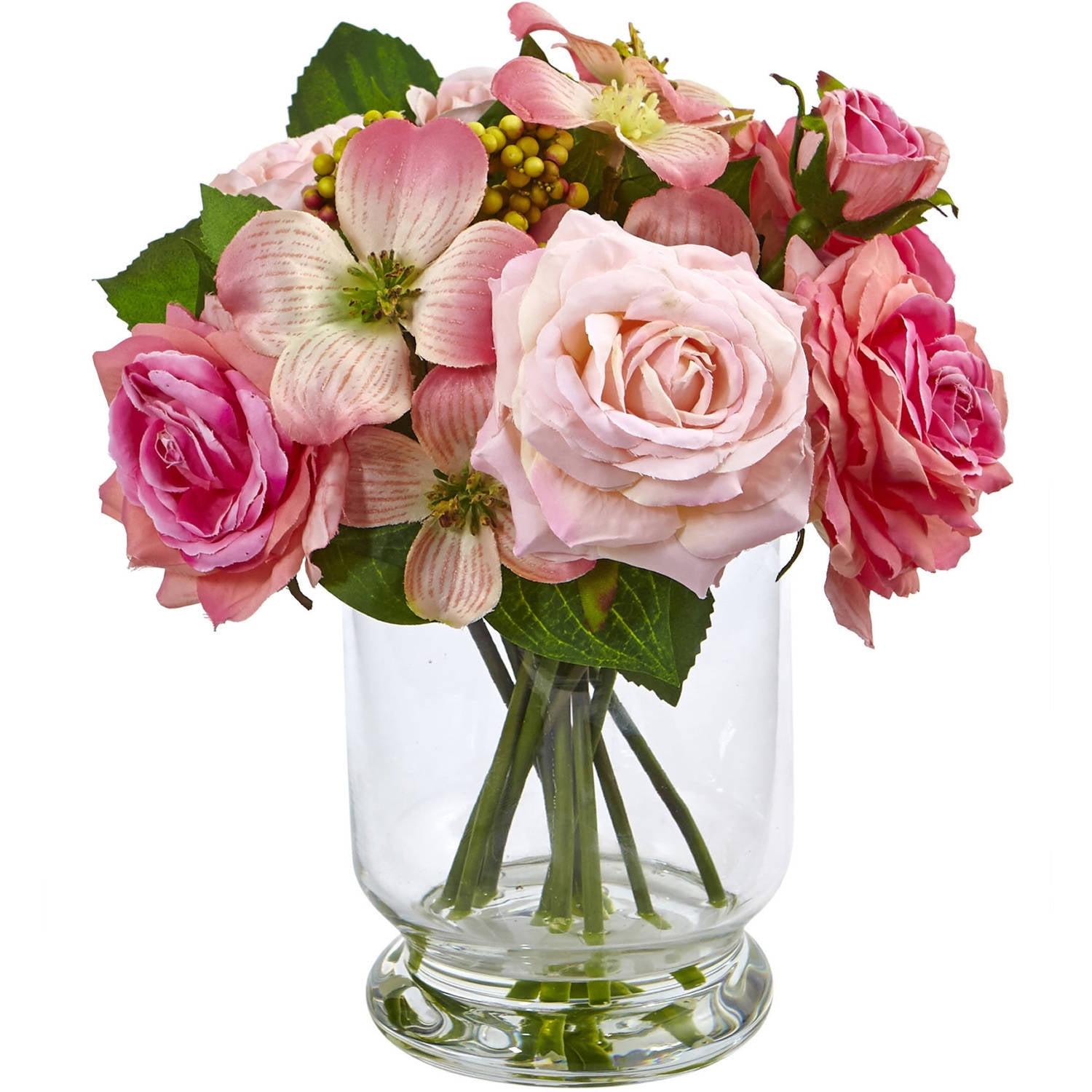 Charming Pink Rose and Berry 10" Faux Floral Arrangement