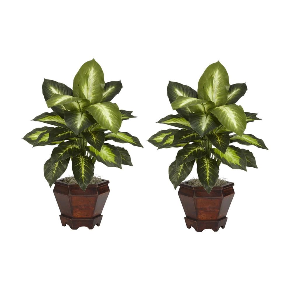 Nearly Natural Dieffenbachia with Wood Vase Silk Plant (Set of 2), Golden