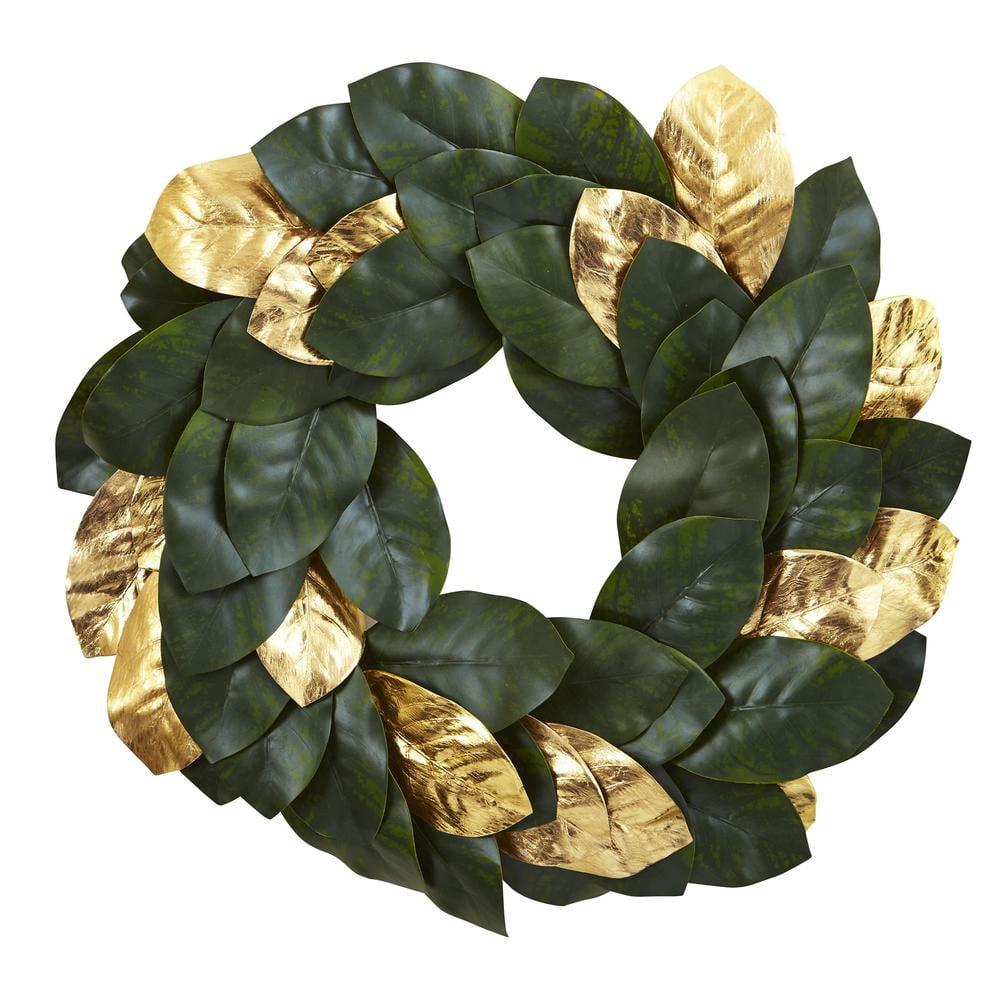 22" Artificial Magnolia Leaf Wreath Gold - Nearly Natural: Indoor Winter Decor