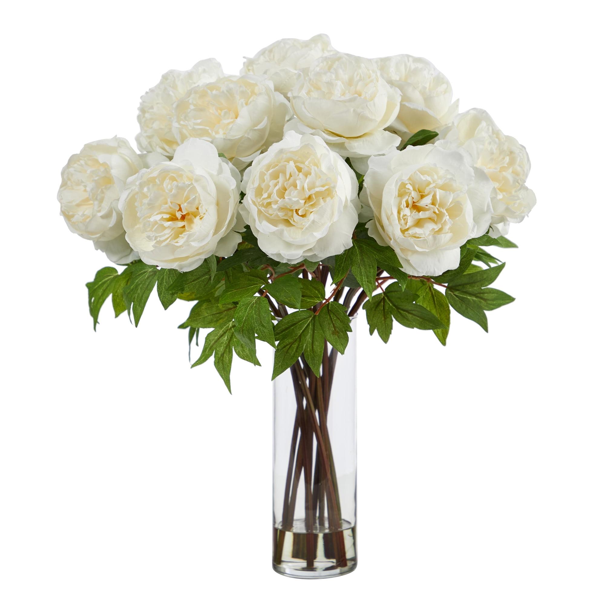Nearly Natural Peony Artificial Flower Arrangement with Fluted Vase, White