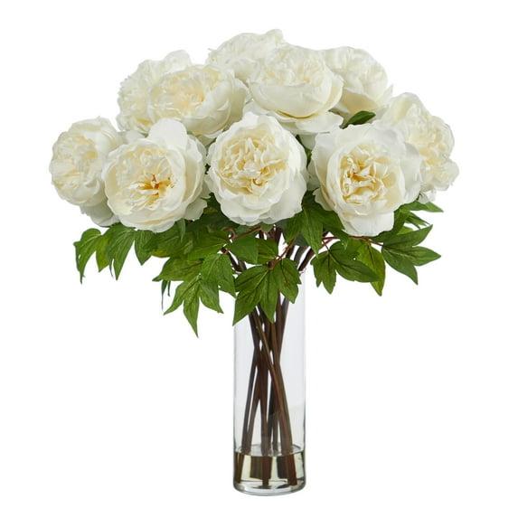 Nearly Natural Peony Artificial Flower Arrangement with Fluted Vase, White