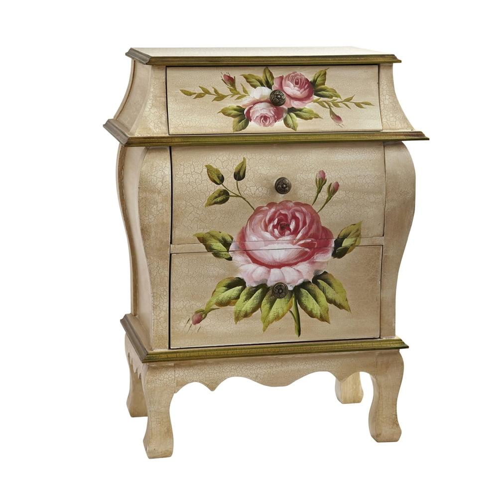 Antique White Floral Pattern 3-Drawer Nightstand