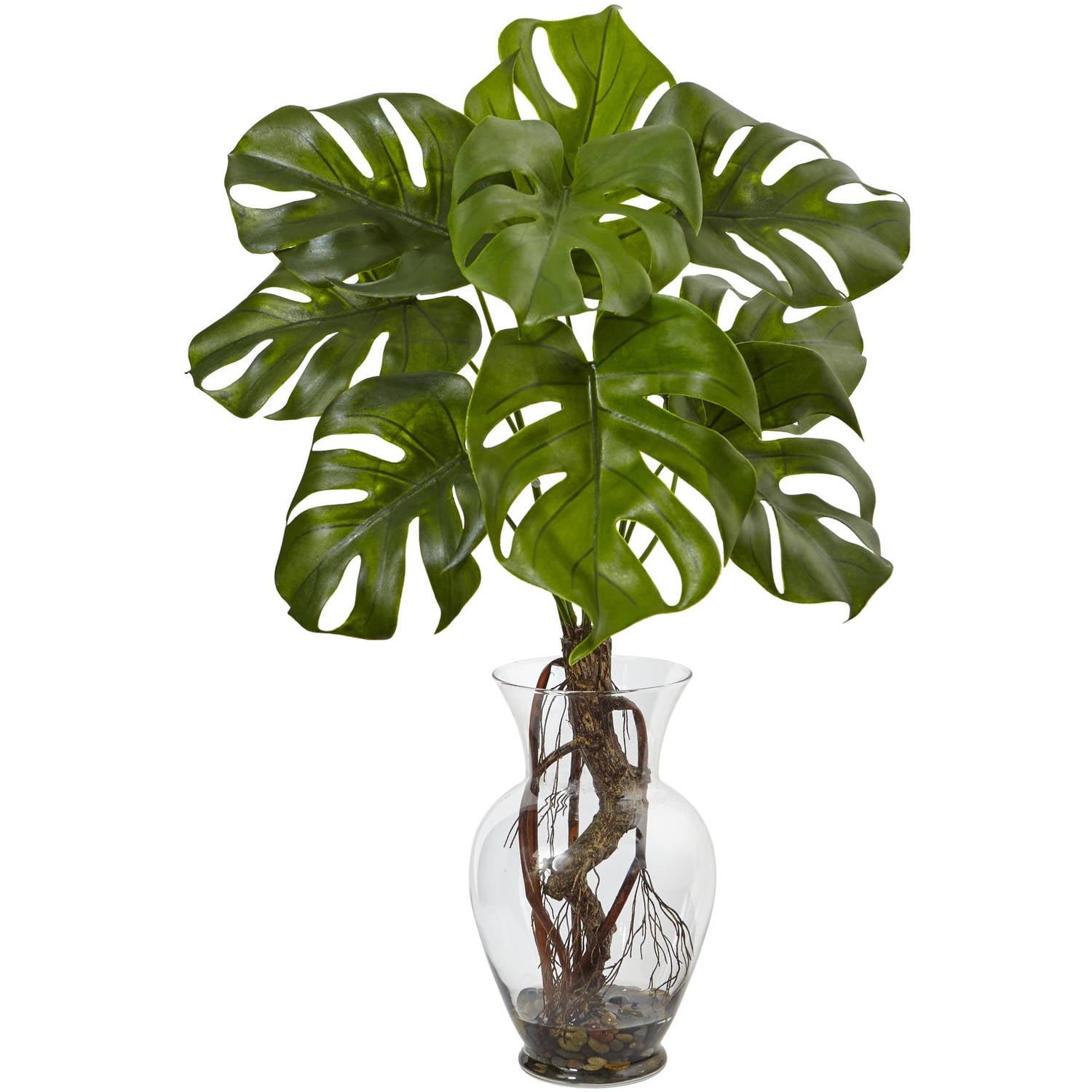 Nearly Natural 26-in Monstera Plant in Rocks with Glass Vase