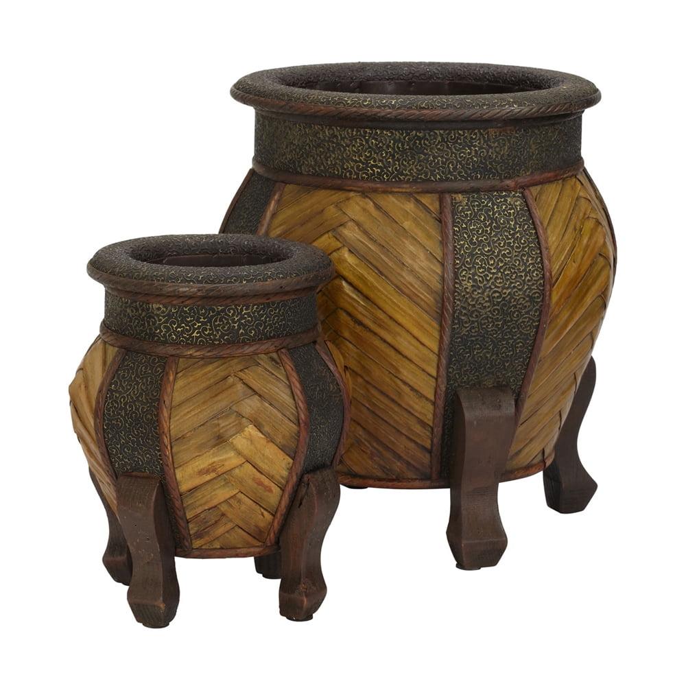 Rustic Multi-Textured Round Wooden Planters, Dark & Light Brown, Set of 2