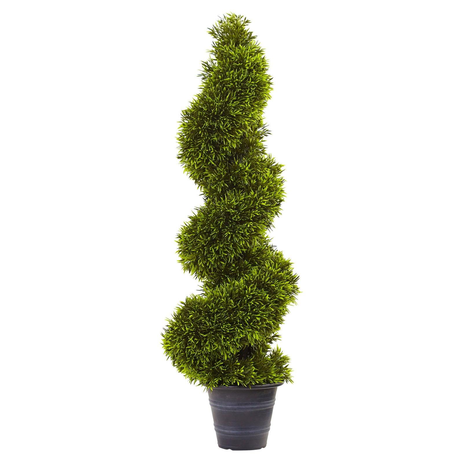 3' Green Plastic Grass Spiral Topiary with Black Planter