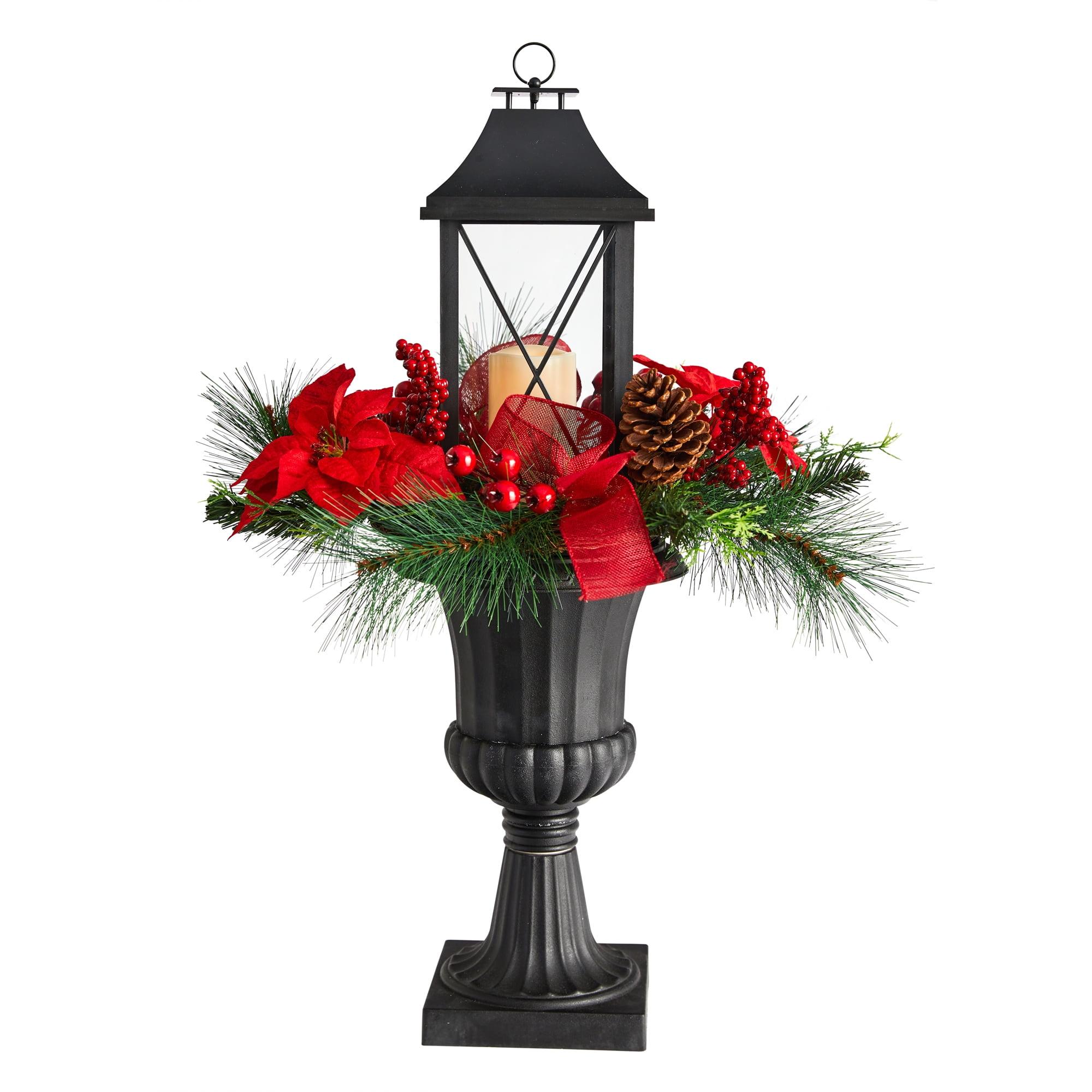Nearly Natural 33-in Holiday Christmas Berries and Poinsettia with Large Lantern and Included LED Candle Set in a Decorative Urn Porch Decor
