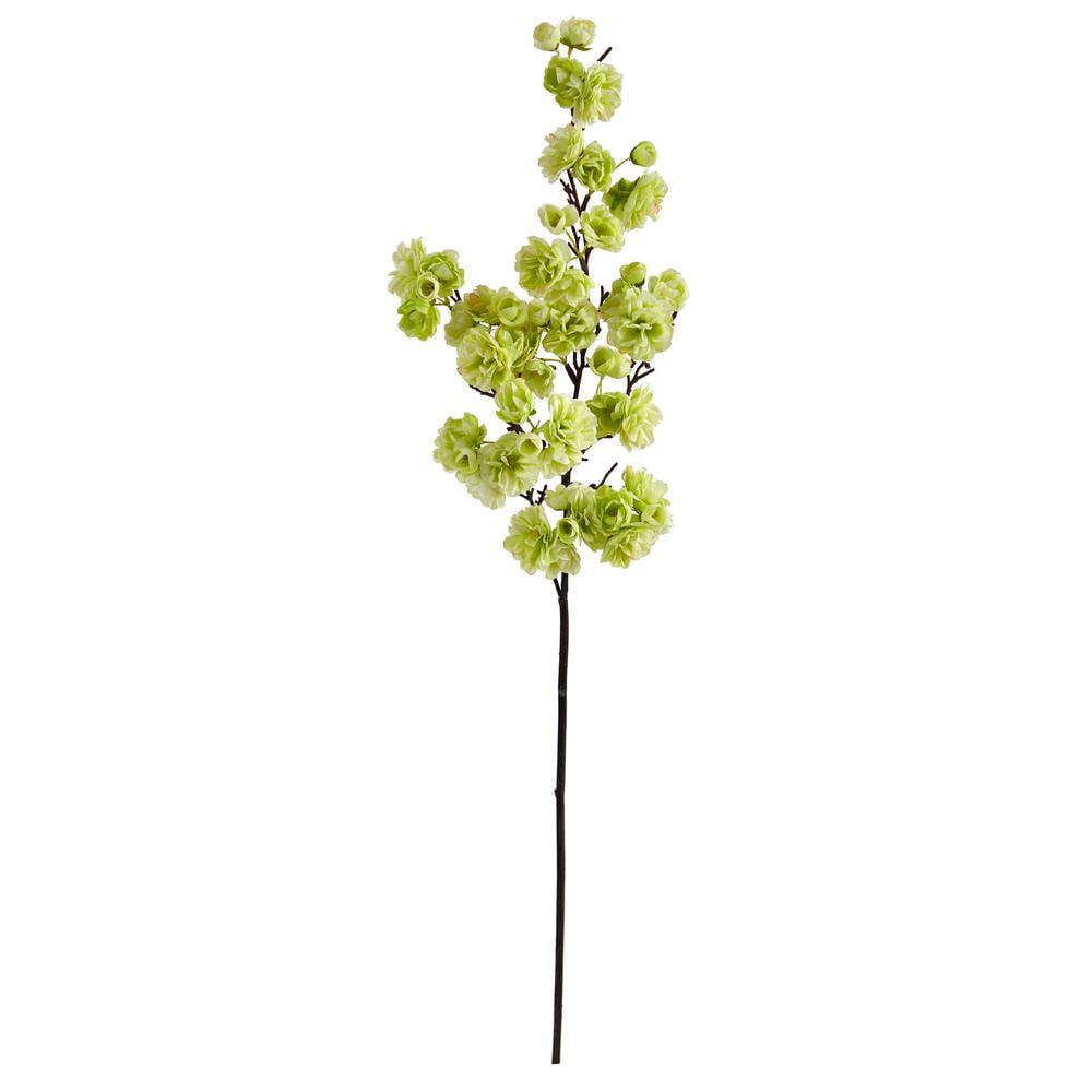 35'' Green Cherry Blossom Artificial Flower Stems with Lights, Set of 3