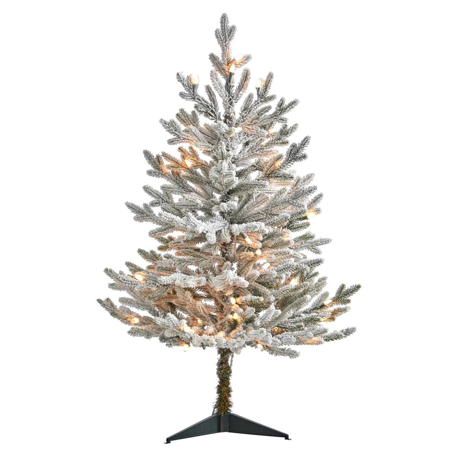 Nearly Natural 3-ft Flocked Fraser Fir Artificial Christmas Tree with 200 Warm White Lights and 481 Bendable Branches