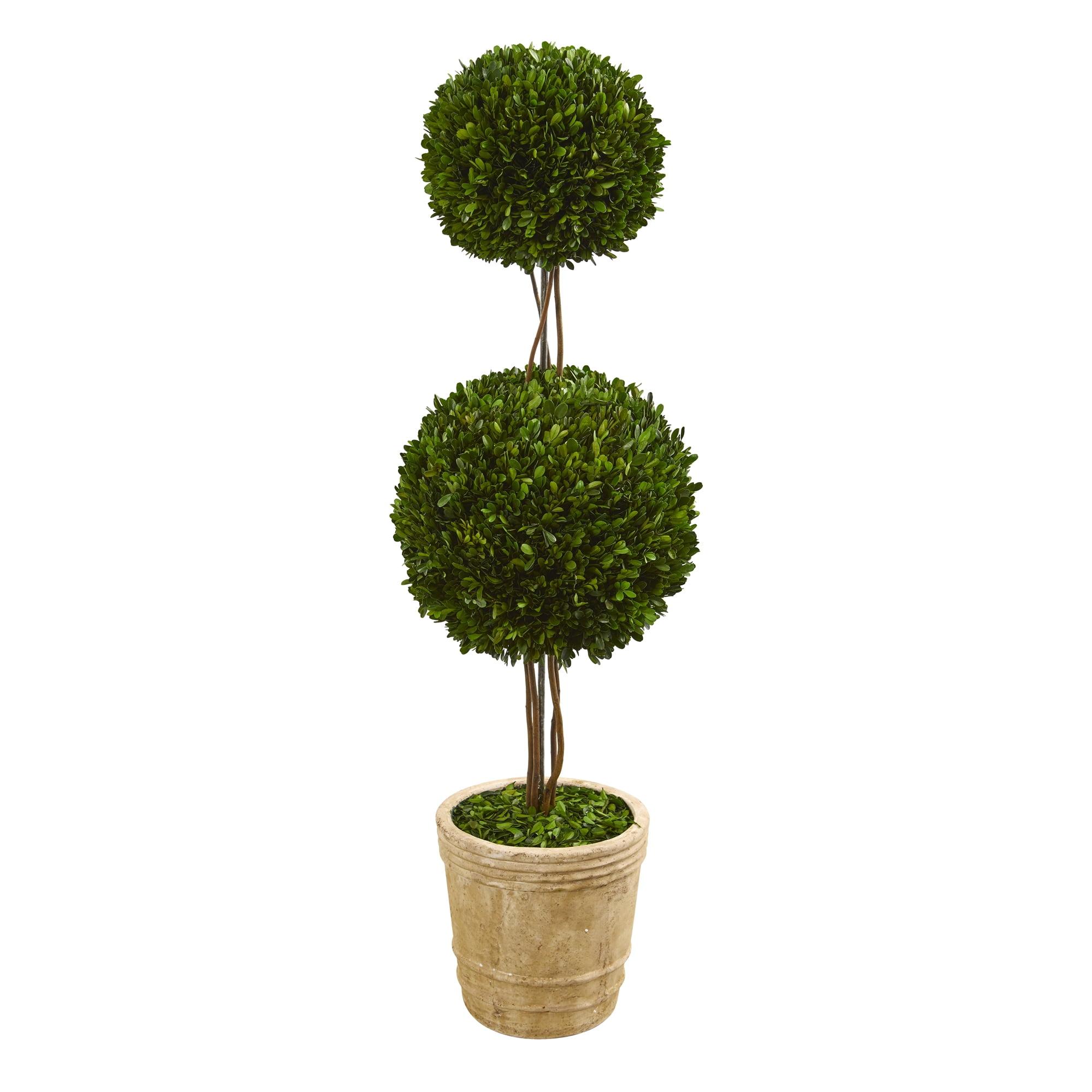 Elegant Preserved Silk Boxwood Double Ball Topiary, 55" Outdoor
